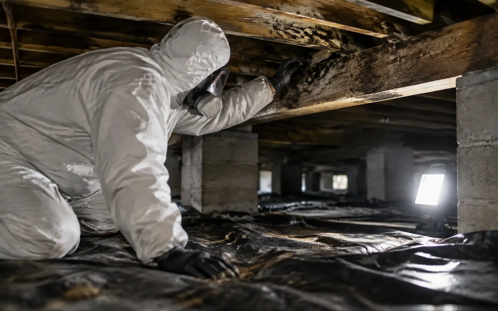 Mold remediation technician in protective gear treating a crawl space under a raised home in Lake Charles, LA